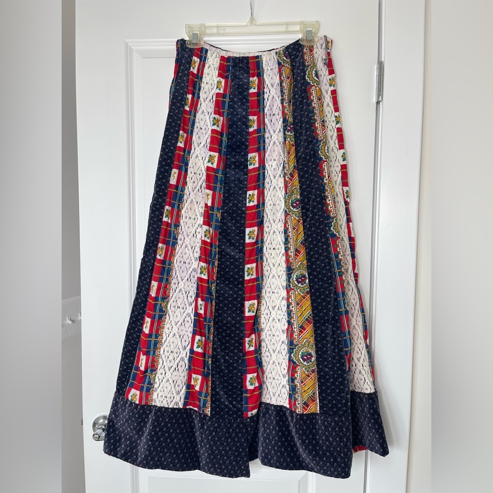 Vintage 70s Chessa Davis Patchwork Velvet Lace Plaid Ditsy Floral Maxi Skirt